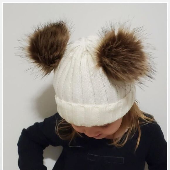 New Double Pompoms Beanie Hat Toddler Kid Cream Chunky Knit - Picture 8 of 14